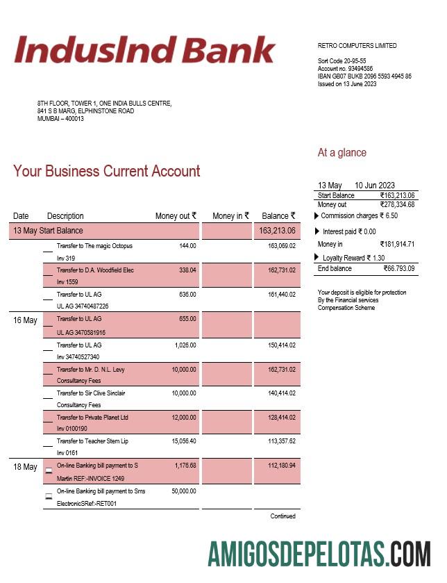 Realista Indusind Bank Enterprise Statement modelo Word e PDF